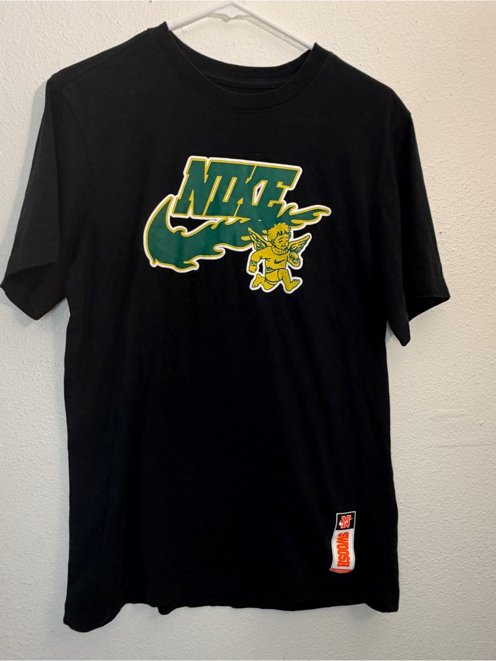 Nike Black Short Sleeve T-Shirt with Green & Yellow Cherub Graphic men S women M